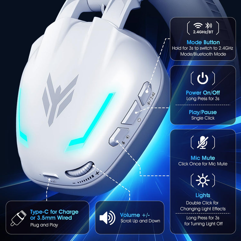 BENGOO G1 60H Wireless Gaming Headset with RGB Lights & Mic for PS5 PS4 PC | 7.1 Surround Sound, 2.4GHz USB/Type-C & Bluetooth 5.4, Noise Canceling Flip Microphone, Foldable Design for Switch Mac White