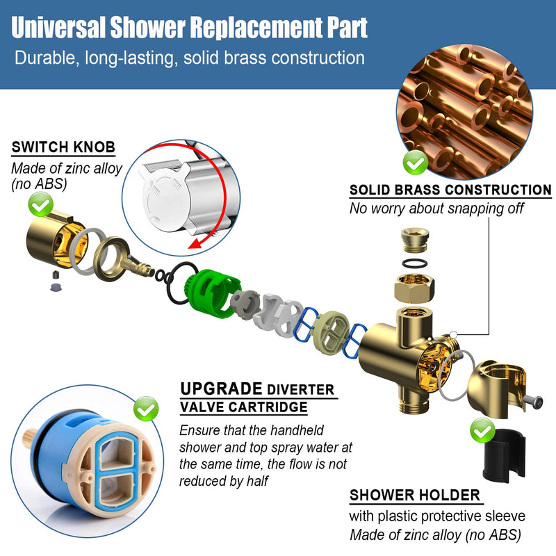 Metal Shower Diverter Valve with Hand Shower Holder, Full Flow Shower Arm Diverter for Hand Held Showerhead and Fixed Spray Head, G 1/2 3-Way Universal Shower System Replacement Part Uvish