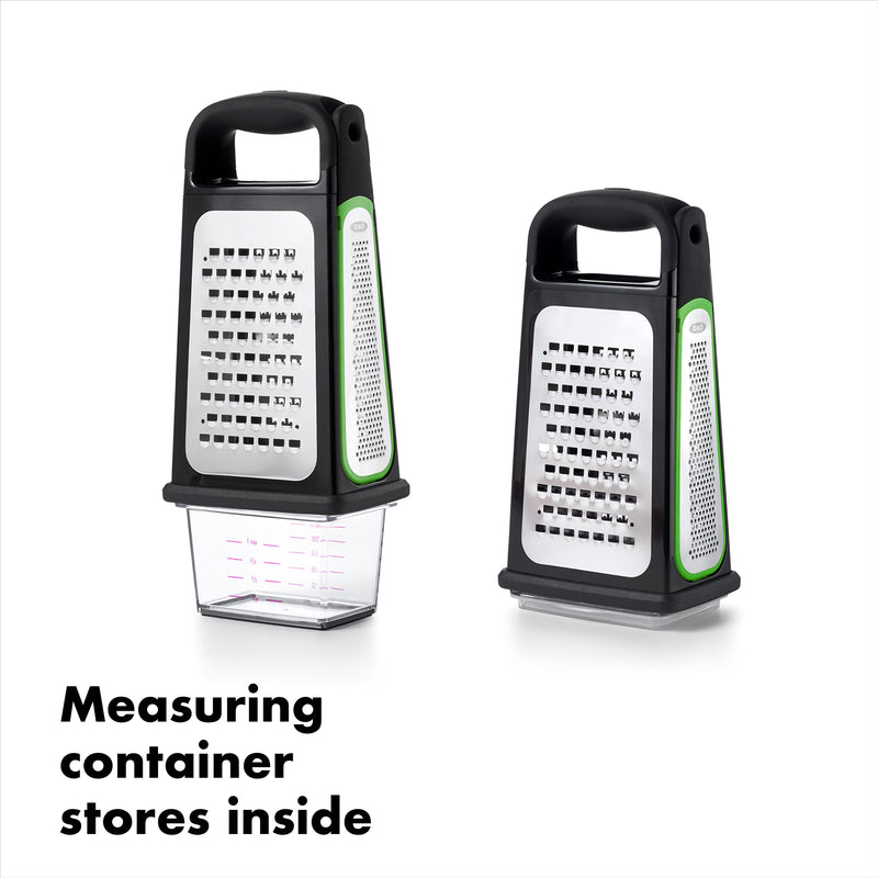 OXO Good Grips Etched Box Grater with Removable Zester | Ideal for Grating Cheese or Zesting Fruits | Storage Container Included | 4 Sided Grater | Comfortable Handle Box Grater with Removeable Zester