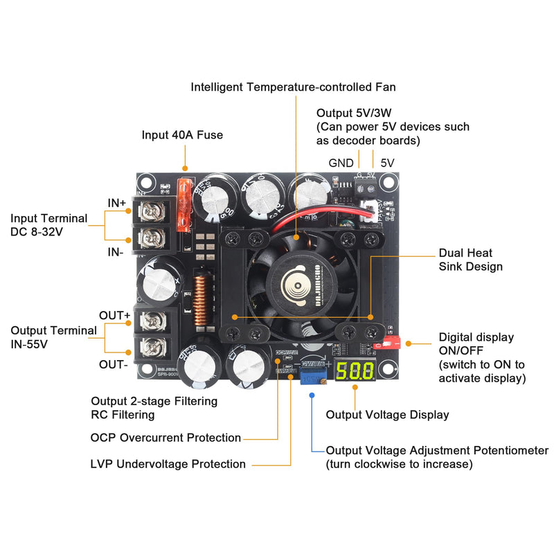 900W High Power DC Boost Converter 8-32V to 55V Adjustable Step-Up Voltage Regulator Module for Audio Amplifier DIY Speaker System
