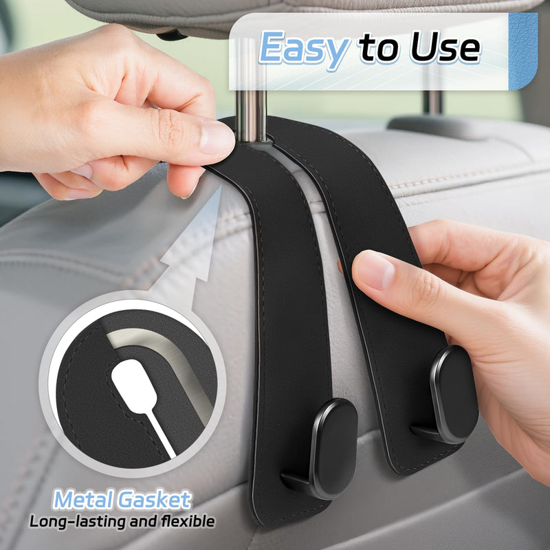Car Seat Headrest Hooks - 2 Pack Universal Car Purse Hook, Leather Car Bag Purse Holder with Double Metal Hooks for Handbags, Grocery Bags, Bottles, Phones Black