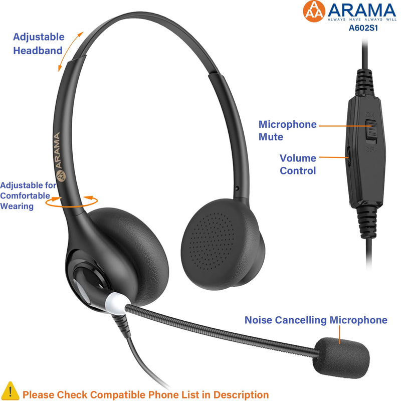 Arama Phone Headset for Office Phones for Polycom & Other IP Phones(A602S1) | Noise-canceling Mic, Metal Headband, Plug-and-play, Hands-Free, Call Center, Telemarketing, Office, Lightweight Design Black