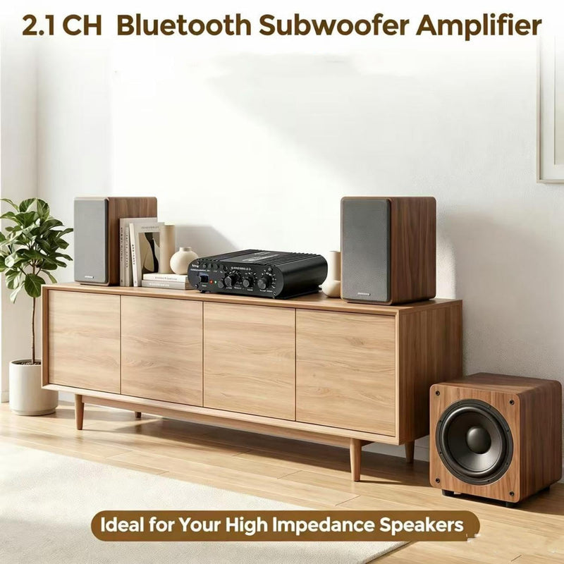 Home Audio Amplifier Bluetooth 5.0 Stereo Receiver 2.1 Channel Subwoofer Amp Board with Treble/Bass/Sub Control HiFi Sound for Home Theater, Car & Karaoke, Includes Remote & Power Adapter