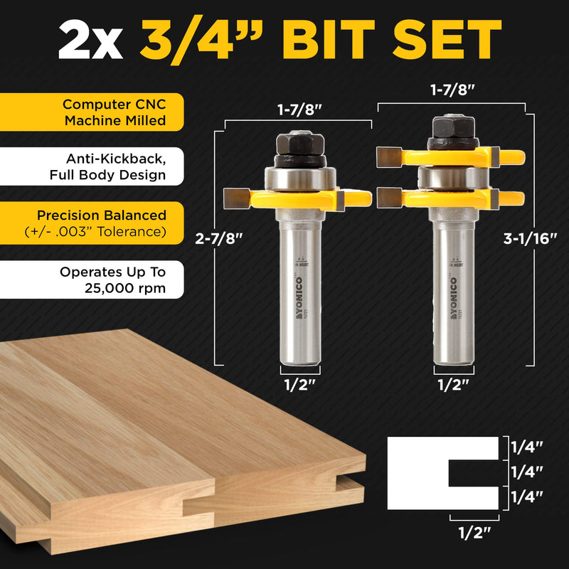 YONICO Tongue and Groove Router Bits Set for 3/4-Inch Stock 1/2-Inch Cutting Depth 1/4-Inch Tongue 2 Bit 1/2-Inch Shank 15221 Up to 3/4" Stock - 1/2" Depth - 1/2" Shank
