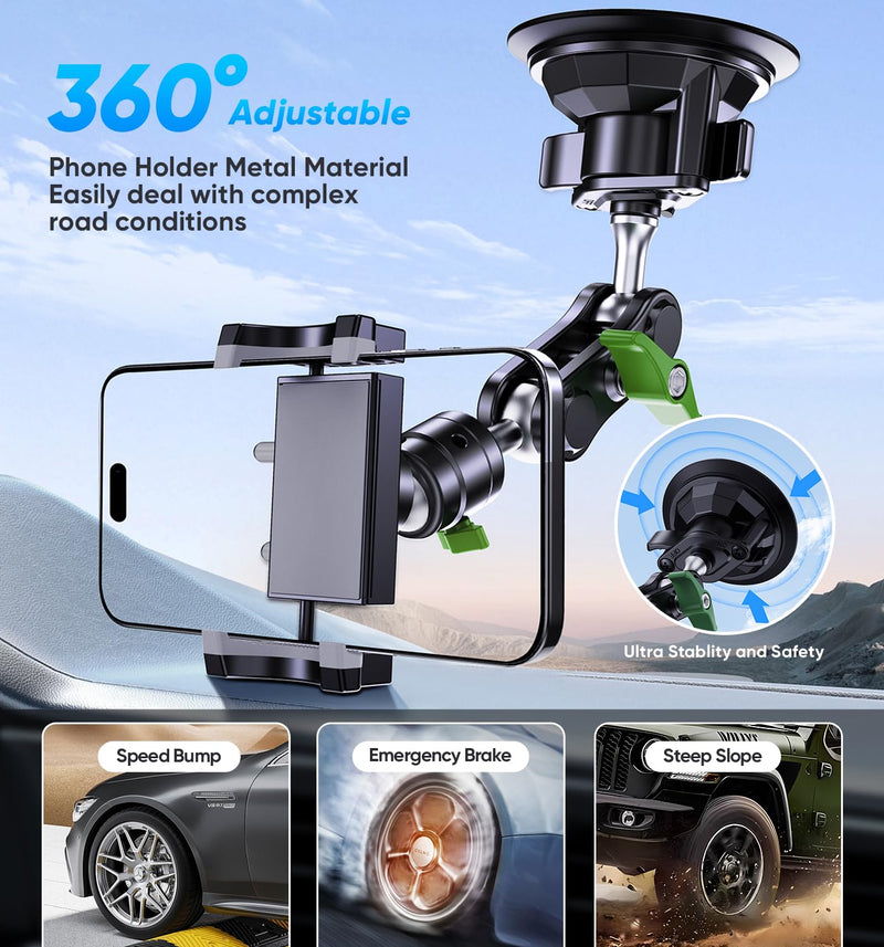 MAGIC JOHN Car Phone Holder, Ultra-Durable Mteal Phone Holders for Your Car, 360° Rotation Cell Phone Car Mount for Windshield, Suction Cup Car Phone Mount for iPhone Samsung All Smartphone Extended