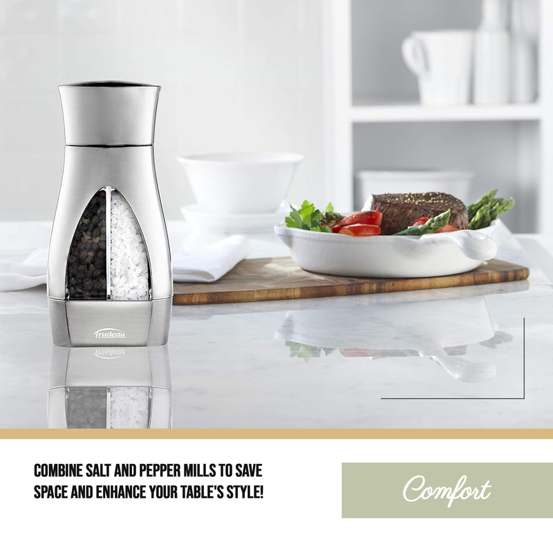 Trudeau Stainless Steel Manual 2-in-1 Salt and Pepper Mill - 7.5-Inch Space-Saving Grinder with Durable Carbon Steel Pepper Grinder and Rust-Proof Ceramic Salt Grinder - Adjustable Grind Settings