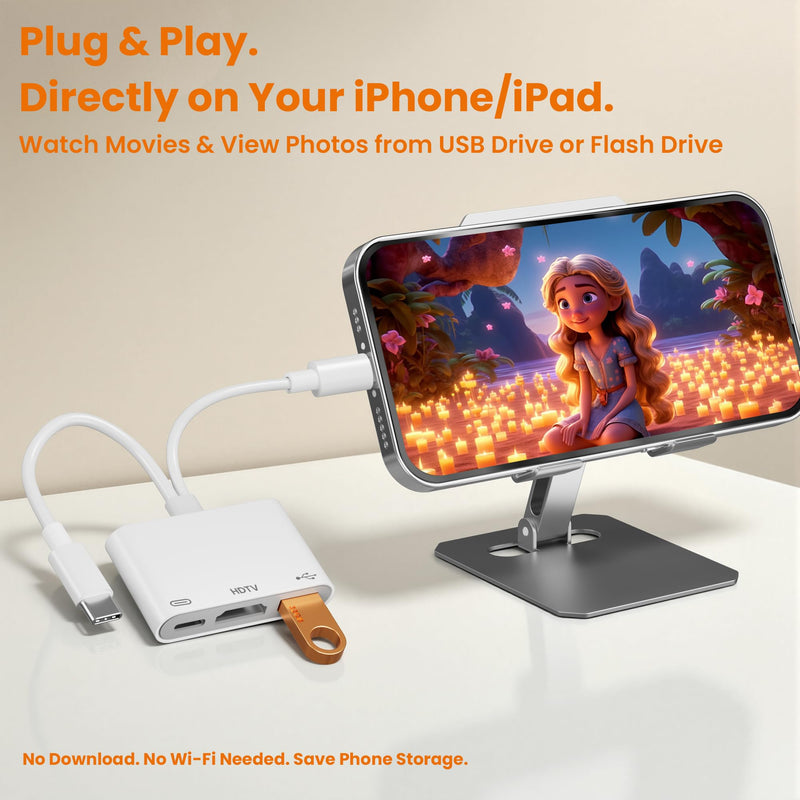 3in1 USB-C and Lightning to HDMI Adapter & OTG Adapter for iPhone iPad - 1080P MFi Apple Lightning Digital AV Adaptor with Charging & USB Flash Drive Ports for iPhone 17-6/iPad to Projector/Monitor/TV