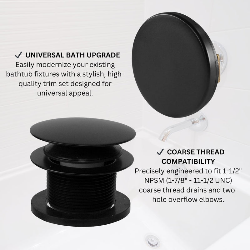 Westbrass A398RK-62 1-1/2" NPSM Coarse Thread Mushroom Tip-Toe Bathtub Drain Stopper with Illusionary Overflow Faceplate, Matte Black