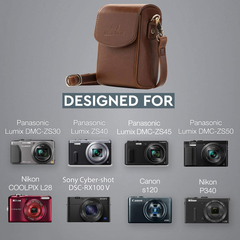 MegaGear Leather Camera Case with Strap, Compatible with Canon PowerShot S120, Nikon Coolpix P340, Panasonic Lumix DMC-ZS50, ZS45, Sony Cyber-shot DSC-RX100 III, IV, V – Brown Dark Brown