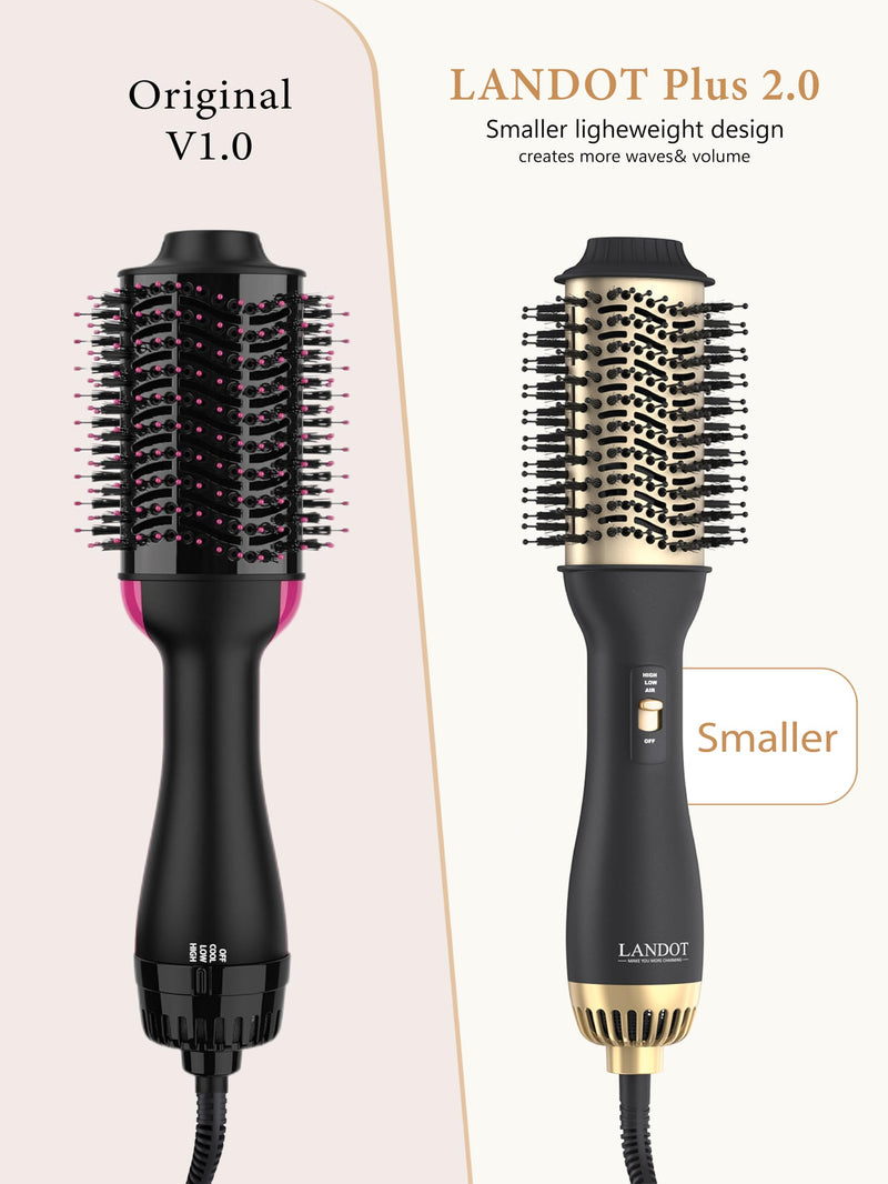 LANDOT Hair Dryer Brush, Hot Air Styler Volumiser, 60mm Oval Blowout Brush | Ionic Blowdry Brush for Drying Smoothing and Volumizing, Anti-frizz Ceramic Titanium Barrel, 3 Heat & 2 Speed, All Hair Types Black/Gold