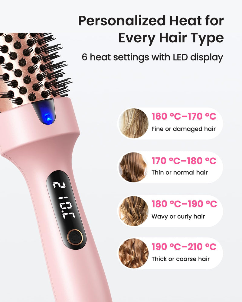Haokoo Thermal Brush 38mm for 8-Min Blowout Volume, Lightweight Hot Brush | Heated Styling Brush for Soft Curls & Smooth Hair, Ionic Anti-Frizz, 6 Heat Settings, Dry Hair Only, for Daily, Work & Travel Pink01