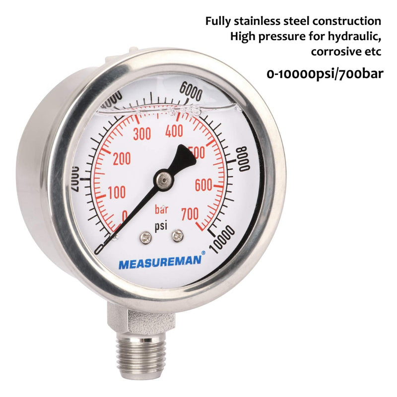 MEASUREMAN 2-1/2" dial,Glycerin Filled Hydraulics Pressure Gauge Stainless Steel case, 316 SS Wetted Part, 0-10000psi/bar1/4 NPT,Lower Mount 0-10000 psi Lower Mount(100% Stainless Steel)