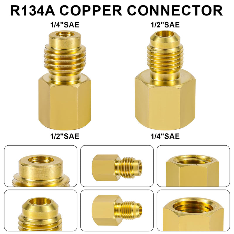 4pcs Brass Refrigerant Tank Adapter/Vacuum Pump, R134A to R12 Adapter Fittings 1/4 SAE Male to 1/2 ACME Female Flare Adaptor Automotive Fittings for AC Refrigerant System