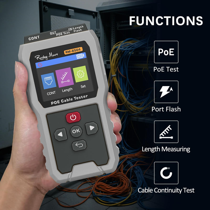 PoE Cable Tester, IEEE 802.3af/at/bt Compliant Network Tester with Port Flash Detection, Cable Length Meter, Continuity Test for CAT5 CAT6, 1500mAh Battery