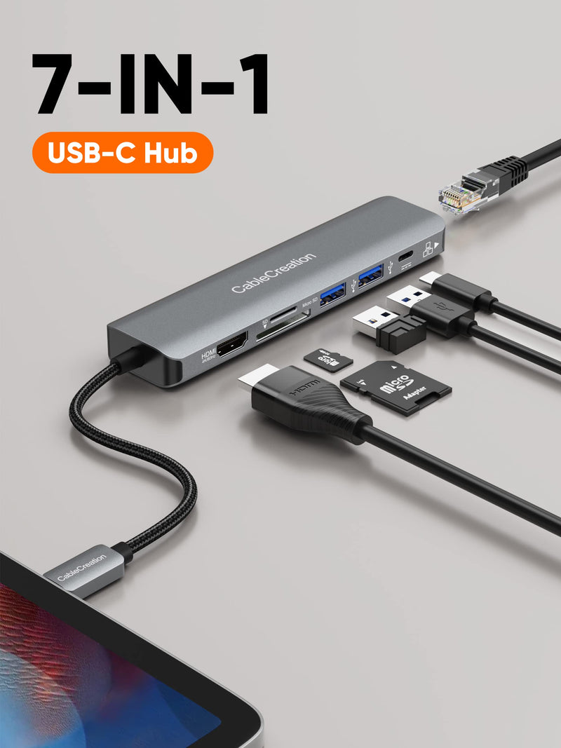 USB C Hub 4K 60Hz, CableCreation 7-in-1 USB-C Hub Multiport Adapter with 1Gbps Ethernet, HDMI, 2 USB 3.0 Ports, 100W PD and SD/TF Cards Reader, Compatible with Steam Deck MacBook Pro/Air, iPad Pro 4K/60Hz 7 in 1