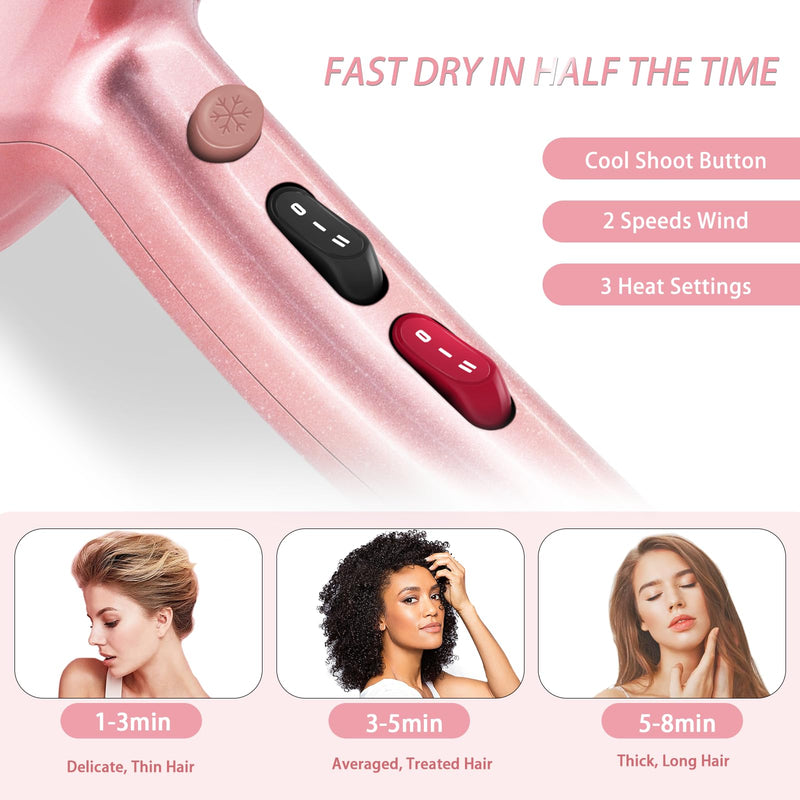 Hair Dryer, Jooayou 3000W Professional Ionic Hairdryers for Women Men, Fast Drying Blow Dryer with Diffuser for Salon Home Travel, Perfect for Gifts Rose Pink