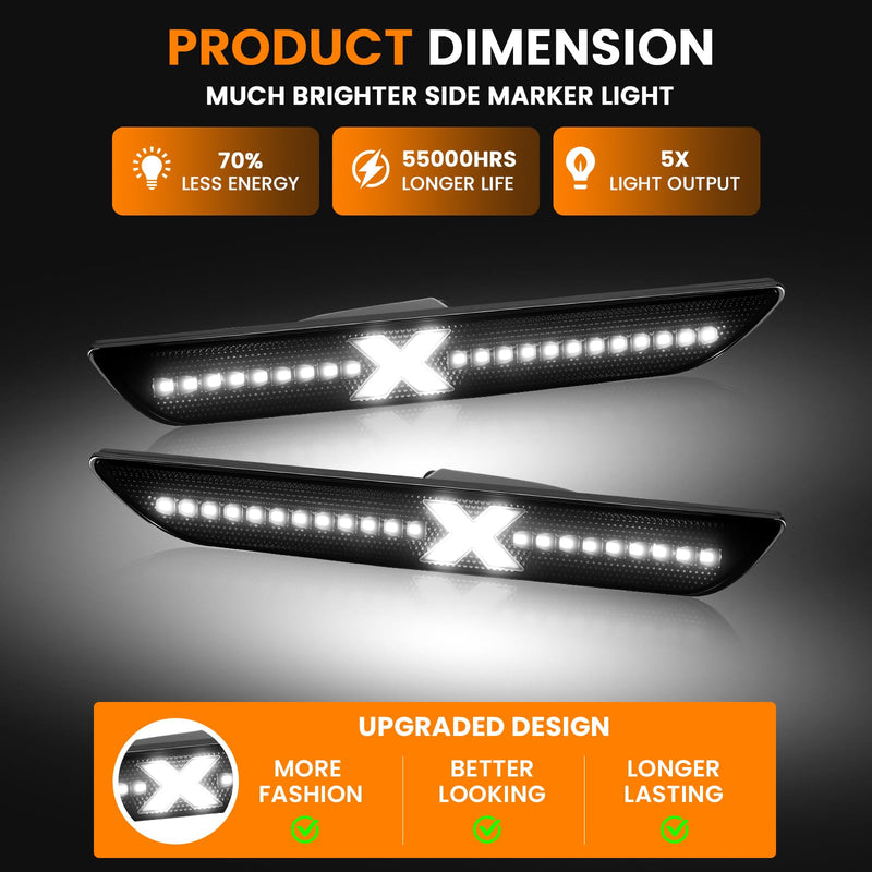D-Lumina X-Style LED Side Marker Lights for Ford Mustang 2015-2023 Rear White Fender Marker Reflectors Lamps Smoked Lens, 2PCS Parking Lamps, Side Bumper Lights [Patent Pending]