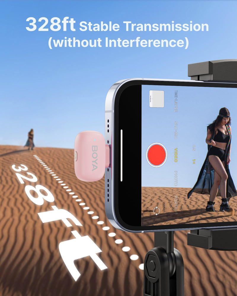 BOYA mini 2 Wireless Lavalier Microphone for iPhone15/16/17 & Android, Pink | AI Noise Cancellation, App Control, 30H Battery Life with Charging Case for Vlogging Interviews and Content Creation