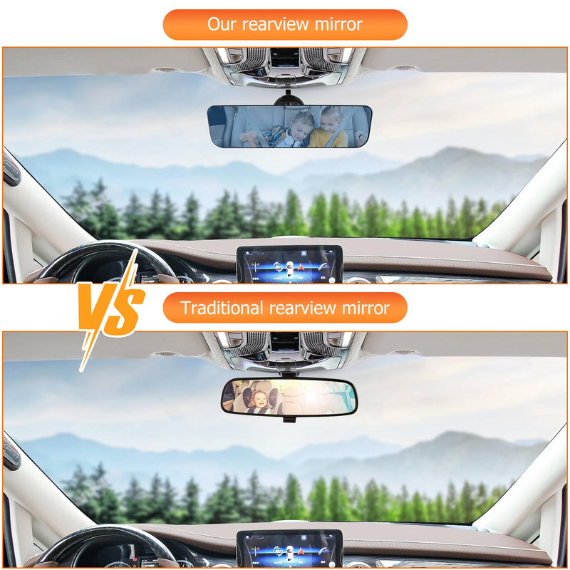 12'' Large Anti Glare Rear View Mirror with Suction Cup, Stick on Universal Frameless Inside Rearview Blue Mirror with Parabolic Wide Angle Mounted on Windshield for Car Marine Auto Boat Truck SUV Van