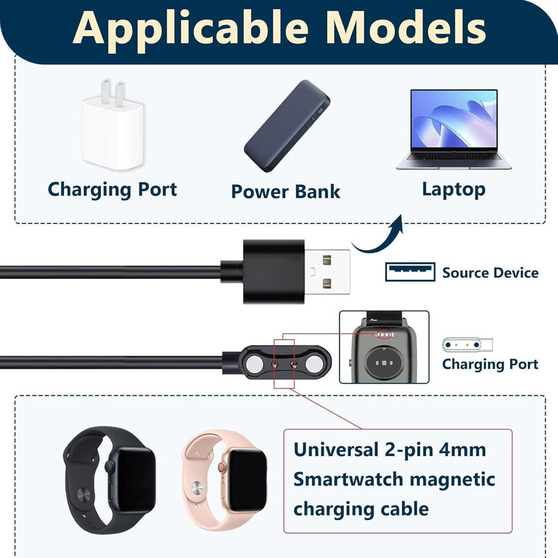 2-Pack Smart Watch Charger for GloryFit T80 T70 T60 T50 P99 P98 - 2 Pin Spacing Magnetic USB Charging Cable - Replacement Power Cord for P45 P32 P36 & More - Smartwatch Charging Cable Accessories, 2FT