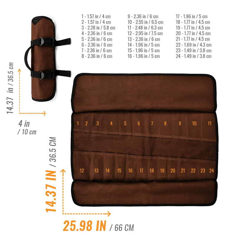 Under NY Sky Tool Roll Organizer, 24 Pockets, Waxed Canvas, Heavy-Duty Wrench Bag, Portable Hand Tool Pouch for Mechanics, Electricians, and Hand Tools - Brown 24 Slots Brown