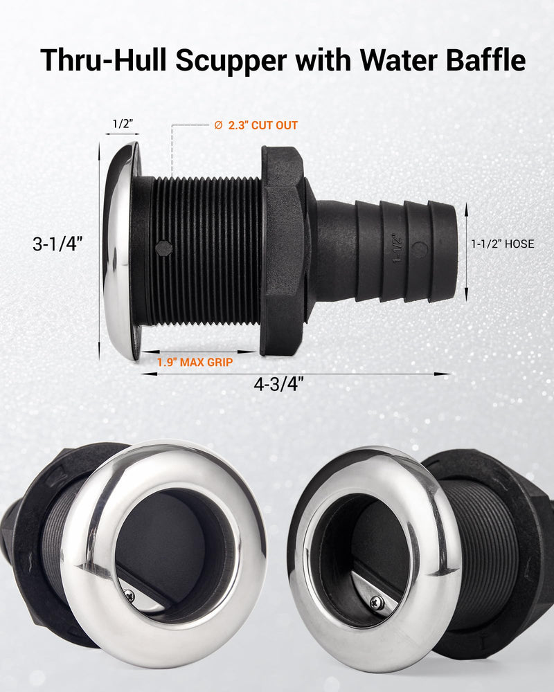 Boat Scupper Drain with Flapper – Thru Hull Self-Bailing Valve, Anti-Backflow Design,316 Stainless Trim, Easy Install for Boats & Yachts.1-1/2"、1" or 1-1/2" Big Size. 1-1/2" BIG-1 Pack