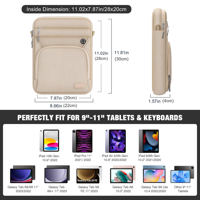 MoKo 9-11 Inch Tablet Sleeve Bag, Fits New iPad Air/Pro 11 inch 2024, iPad Air 5/4th 10.9,iPad 9/8/7th 10.2,iPad 10th Gen 10.9,Tab S9 11,Multifunctional Bag with Shoulder and Headphone Port, Sand