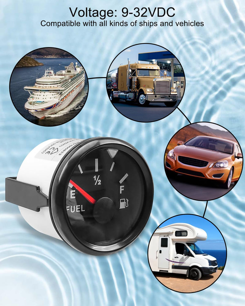 Black Boat Fuel Level Gauge 73-10 ohms (Empty-Full) for Marine Car RV Yacht Motorcycle Automotive, 52mm 9-32VDC Black