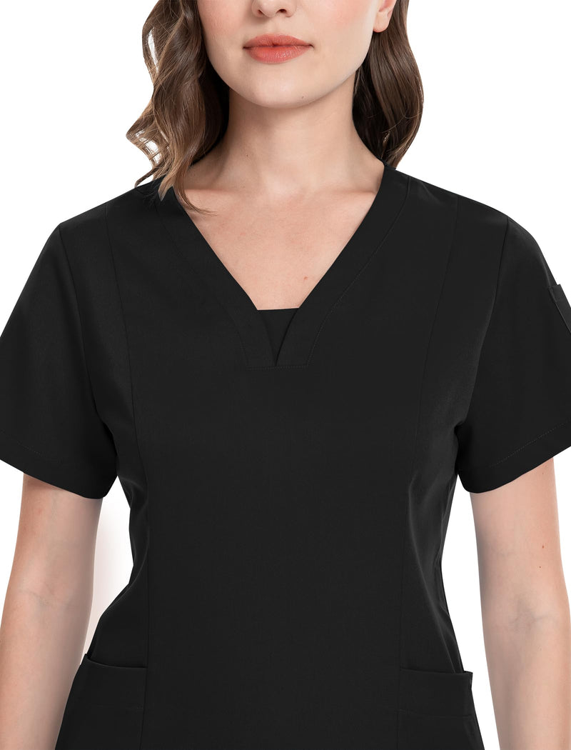 niaahinn Scrub Suit Set for Women Modern V-neck Top & Tapered Leg Jogger Pants with Drawstring Medical Nursing Uniforms Set Medium Black
