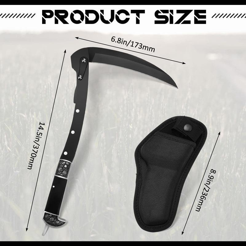 WILLBOND Black Sharp Folding Sickle Garden Tool Portable Safety Grass Hand Sickle Knife with Sheath Wooden Handle 2 Sections for Gardening Farming Lawn Grass Weeds Hand Tools