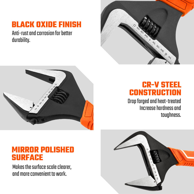 VANQUISH 12 Inch Adjustable Wrench, 2-3/8” Wide Jaw Opening Plumbing Wrench, CR-V Steel, SAE and Metric Scale Marked, With Comfort Grip Handle and Hanging Hole (3154) 12-Inch