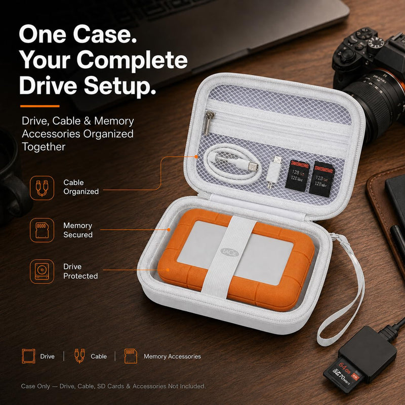 Hard Drive Case for LaCie Rugged Mini USB-C 1TB-5TB,Cable Storage White | Secure Elastic Hold-down,Divided Cable Storage and Wrist Strap for Photographers,Creators,Office and Travel,Case Only