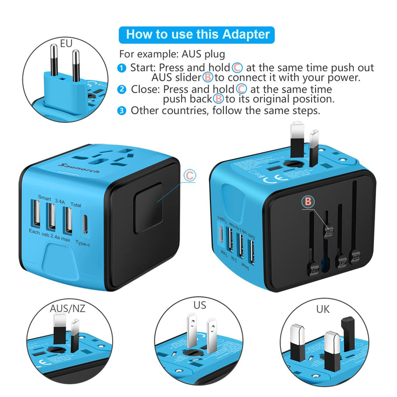 Travel Adapter Worldwide, Universal International Power Plug Adapter W/2.4A 3xUSB-A and 3.0A Type-C Wall Charger, European Travel Plug Adapter for Europe UK EU US CA AU Italy Asia-Blue 3A+1C ( Blue )