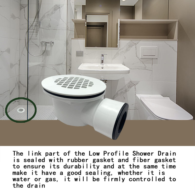 Low Profile Shower Drain Assembly with Perforated Strainer, 1.5" Side Outlet (Also Can Be Used as 2" Shower Drain by Removing Black Rubber Bushing)