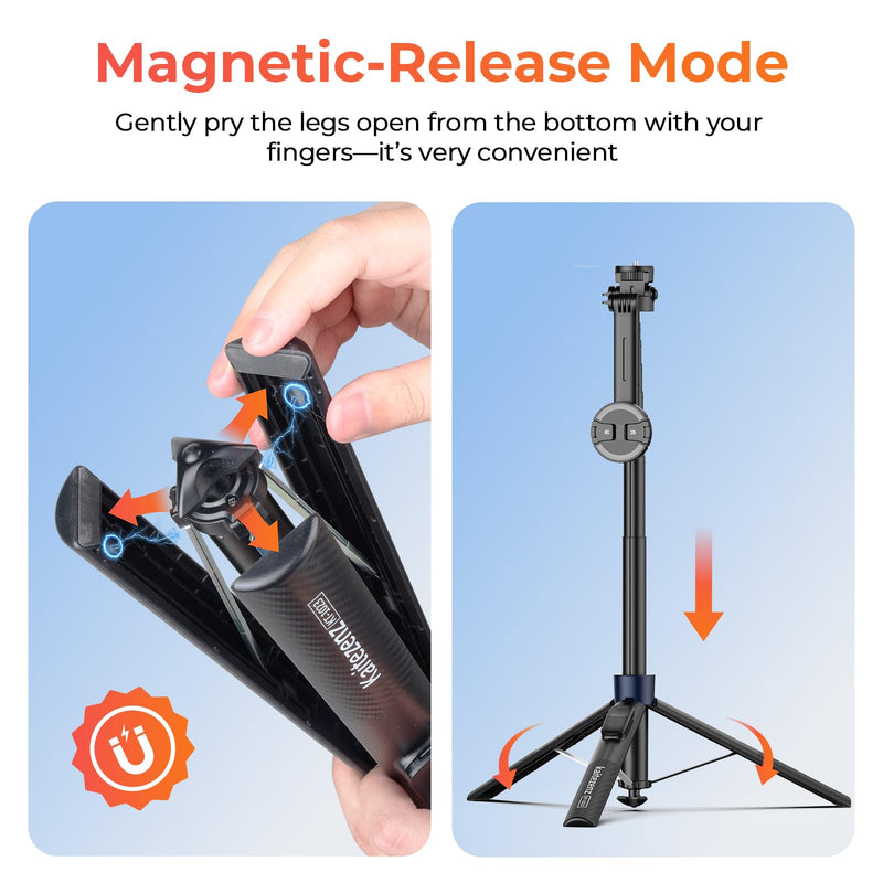 Kaitezenz 71" Auto Pop Open Magnetic Tripod for iPhone with Remote, 360° Rotation Cell Phone Selfie Stick Tripod Stand, Dual-Camera Tripod Compatible with Phone Camera
