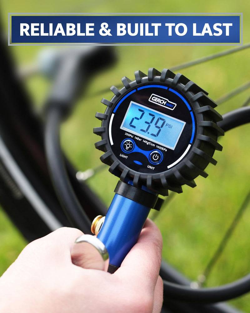 Presta Valve Air Chuck – Digital Bike Tire Inflator with Pressure Gauge – Schrader to Presta Valve Adapter for Air Compressor Blue (Classic Style)