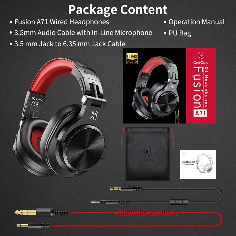 OneOdio A71 Hi-Res Studio Recording Headphones - Wired Over Ear Headphones with SharePort, Monitoring Mixing Foldable Headset with Stereo Sound, 3.5/6.35MM Jack for PC Computer DJ Guitar-Red Red