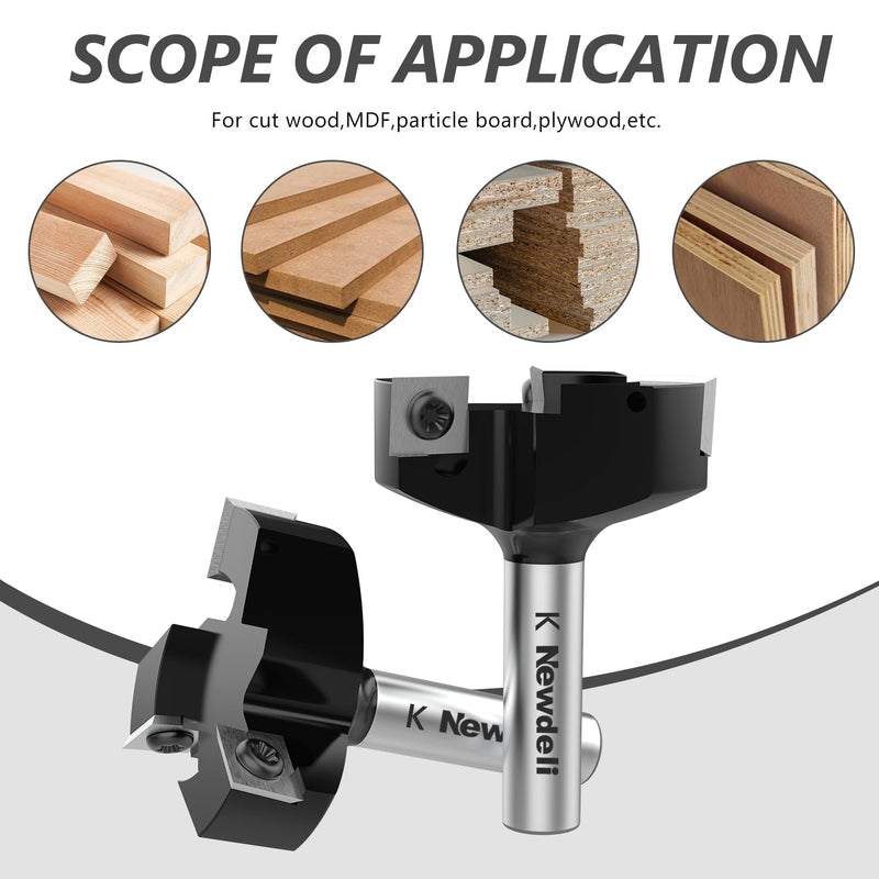 Newdeli CNC Spoilboard Surfacing Router Bit 1/2" Shank 2" Cutting Diameter 3 Wings Insert Carbide Slab Flattening Router Bit Planing Bit Wood Planer Tool 2" Cut Dia- 1/2" Shank- 3 Insert Wings