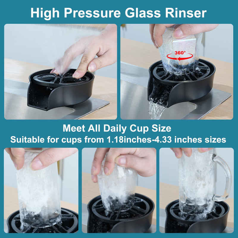 Glass Rinser for Kitchen Sink Glass Rinser with Pull-Out Spray High Pressure 360° Rotating Faucet Glass Rinser Cup Cleaner Bottle Washer for Bar Cafe Sink Black