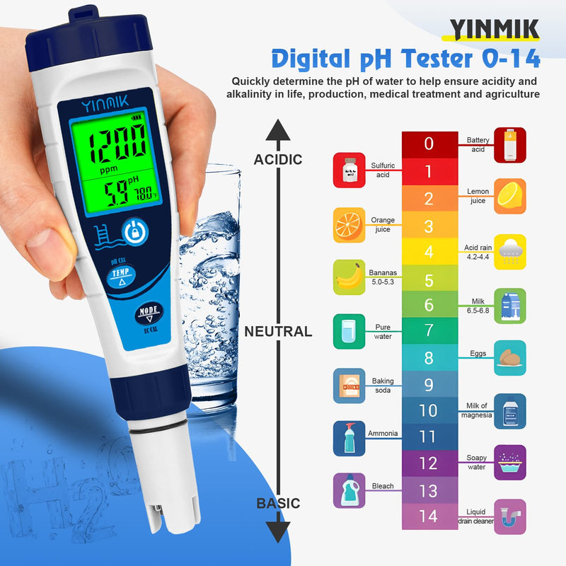 YINMIK Digital Pool Salt Tester & pH Meter, 5 in 1 Salinity Meter for Salt Water Pool, Hot Tub & Aquarium, EC TDS Temperature Tester, Professional High Accuracy