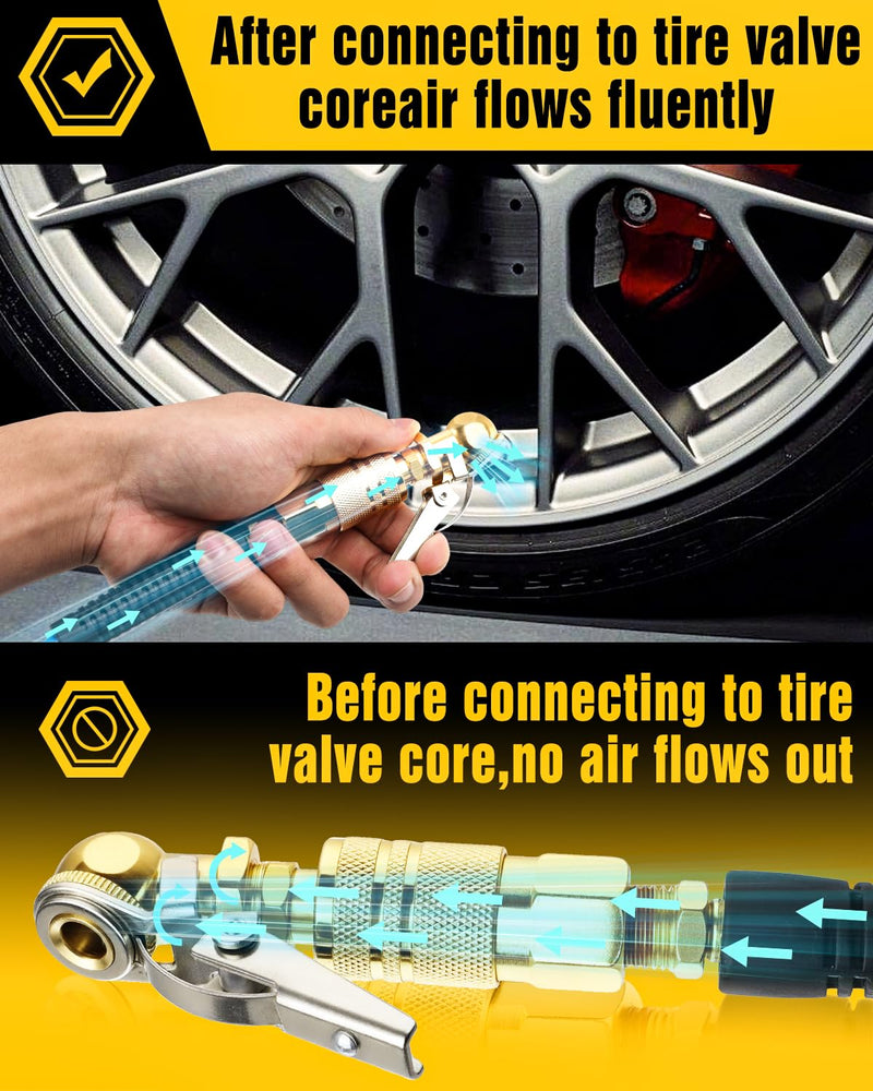 2-Pack Heavy Duty/Ball Clip Air Chuck Set, 1/4" FNPT Closed Flow Tire Chuck Inflator Nozzle, Compatible with Schrader Valves, Quick Connect Plug, Pure Brass. Ball Clip + Heavy Duty