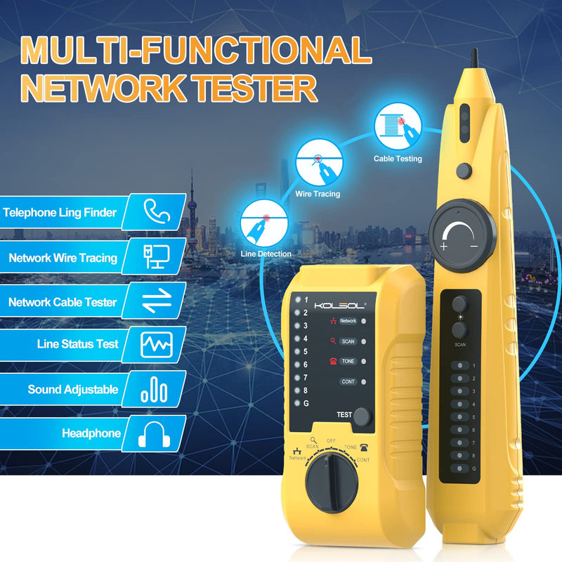 Network Cable Tester, Ethernet Wire Tracer with Telephone Line Checking for CAT5 CAT6, RJ11 RJ45 LAN Network Cable Finder for Wire Continuity/Short/Breaking/Open/Crossing