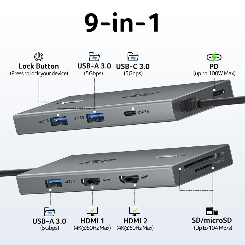 Acer USB-C Docking Station Dual Monitor, 9-in-1 Laptop Dock with 2 HDMI | Laptop Docking Station with 4K@60Hz HDMI, USB A&C 3.0, SD/Micro SD, 100W PD Compatible with Acer/Dell XPS/HP/Mac (0.65FT) 0.65FT