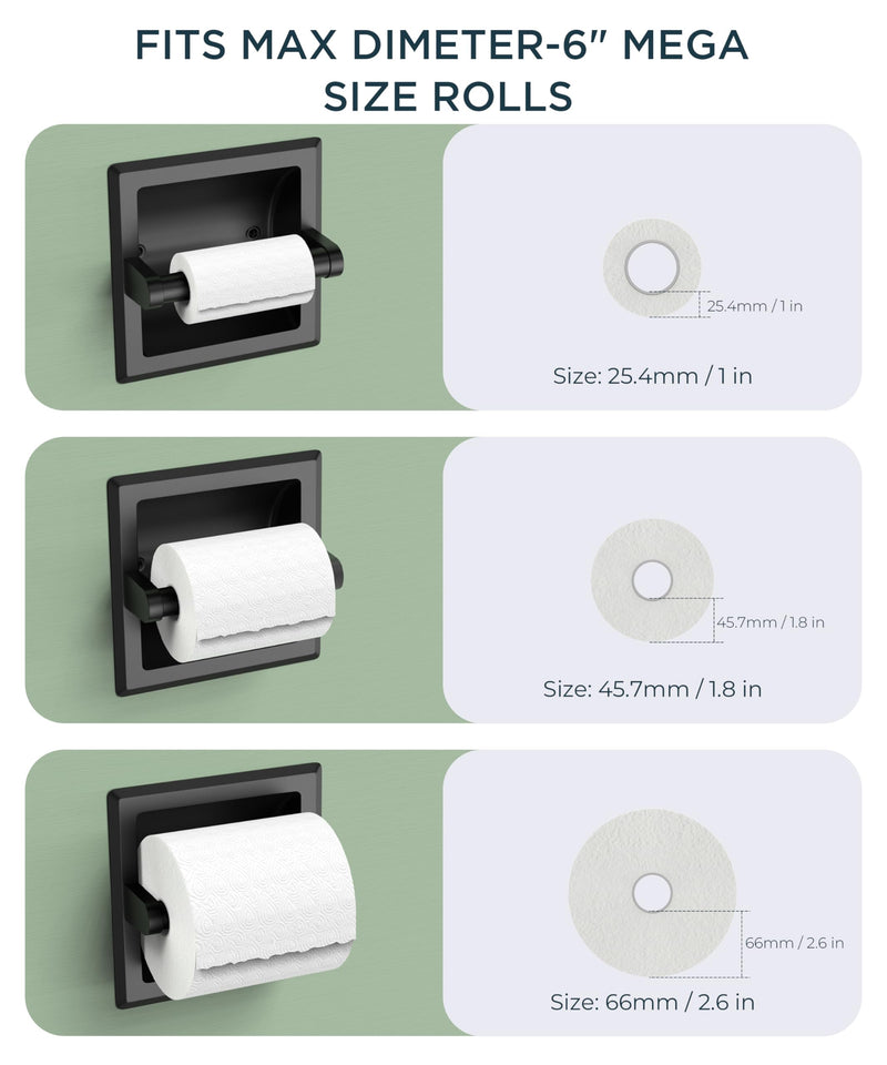 FORIOUS Recessed Toilet Paper Holder, Stainless Steel Durable Tissue Roll Holder Wall Mount for Bathroom Space Saving Design with Mounting Bracket, in Wall Toilet Paper Dispenser Insert, Matte Black 1