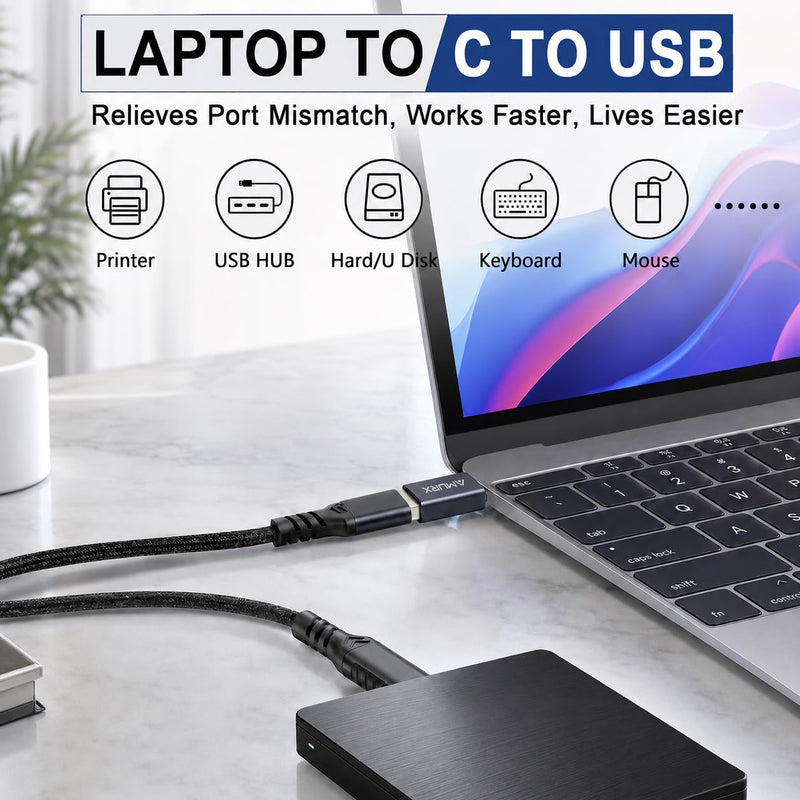 USB C to USB A Adapter 2 Pack, USB 3.2 Gen 2, 10Gbps, OTG, 3A Fast Charging, for iPhone17/16, MacBook, iPad, Samsung, Dell XPS, Surface