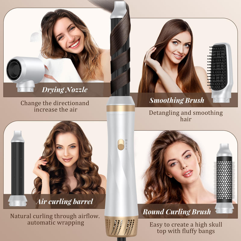 5 in 1 Air Styler, Magic Styler, 1000W Hair Styler with Auto Curling Wands, 2026 Upgraded Multi-use Ionic Hair Blow Dryer Brush Set for All Hair Type, 6,0000 RPM, Dry, Curl, Straighten Women Gifts White Gold-b