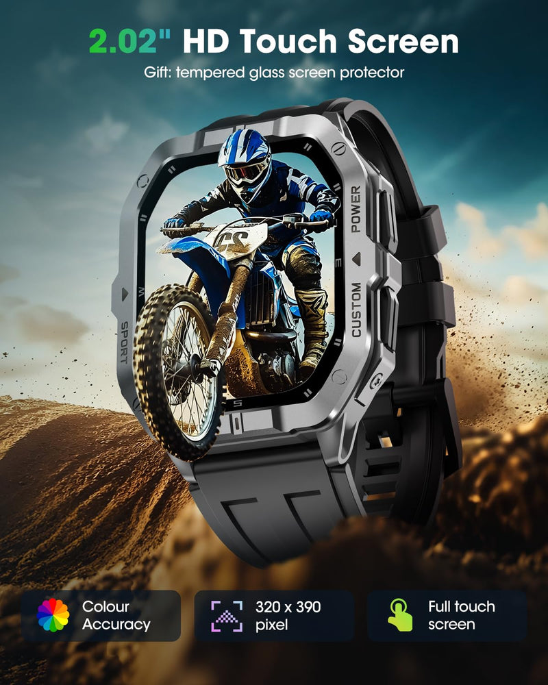 Military Smart Watch Built-in GPS,Bluetooth Calling, for iPhone & Android | 100+ Sport Modes for Men Fitness watch, Smartwatch with Heart Rate & Sleep Tracking, 2ATM Waterproof , Black 2.02"