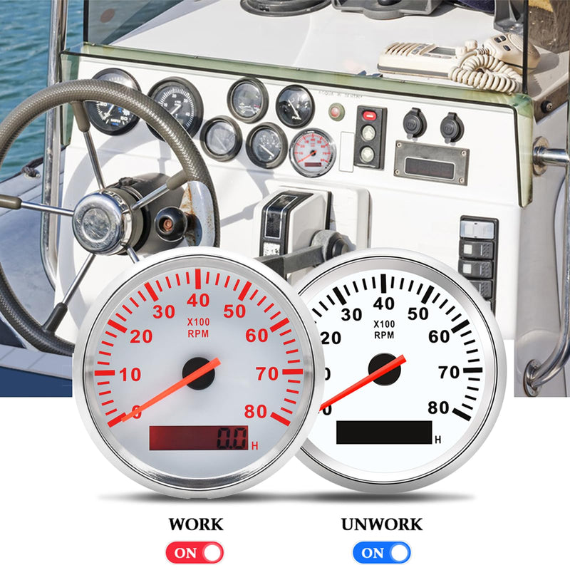 Geloo 85mm Boat Tachometer Gauge Marine RPM Tachometer Outboard Tachometer 0-8000 RPM Tacho Meter with Hour Meter RED Blacklight for Diesel Engine Car Truck Tachometer 8000RPM 12V 24V White & Silver