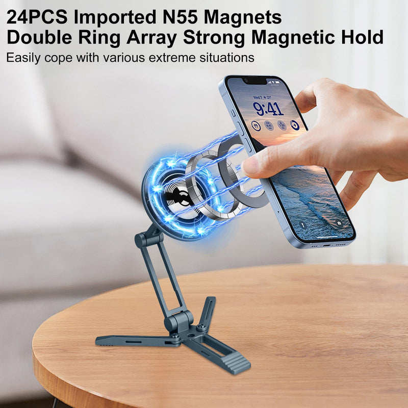 Magnetic Magsafe Mini Foldable Small Phone Tripod Stand Holder for iPhone | All-Metal, 360° Mechanical Rotating Suction Cup, Portable Pocket Desk Office Travel Selfie Stick, Mobile Holder for Android Deep Navy Blue