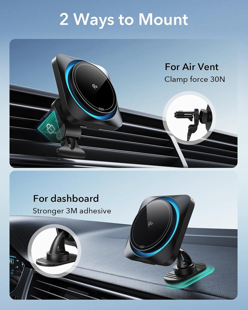 ESR for Qi2 15W MagSafe Car Mount Charger CryoBoost, Phone Cooling, Qi2-Certified MagSafe Car Charger, Air Vent/Dashboard Magnetic Wireless Car Charger